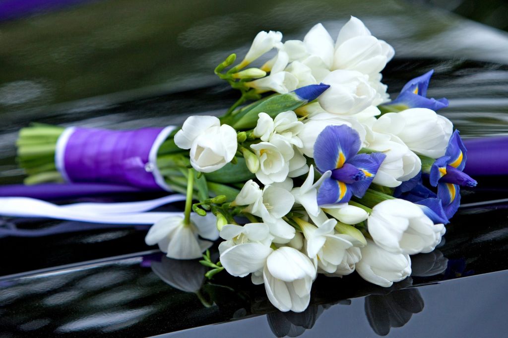 Букет из белых тюльпанов и фиолетовых ирисов